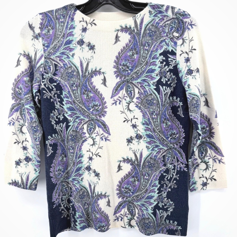Talbots 100% Cashmere Paisley Sweater Womens 3/4 Sleeve Purple Navy Ivory Knit